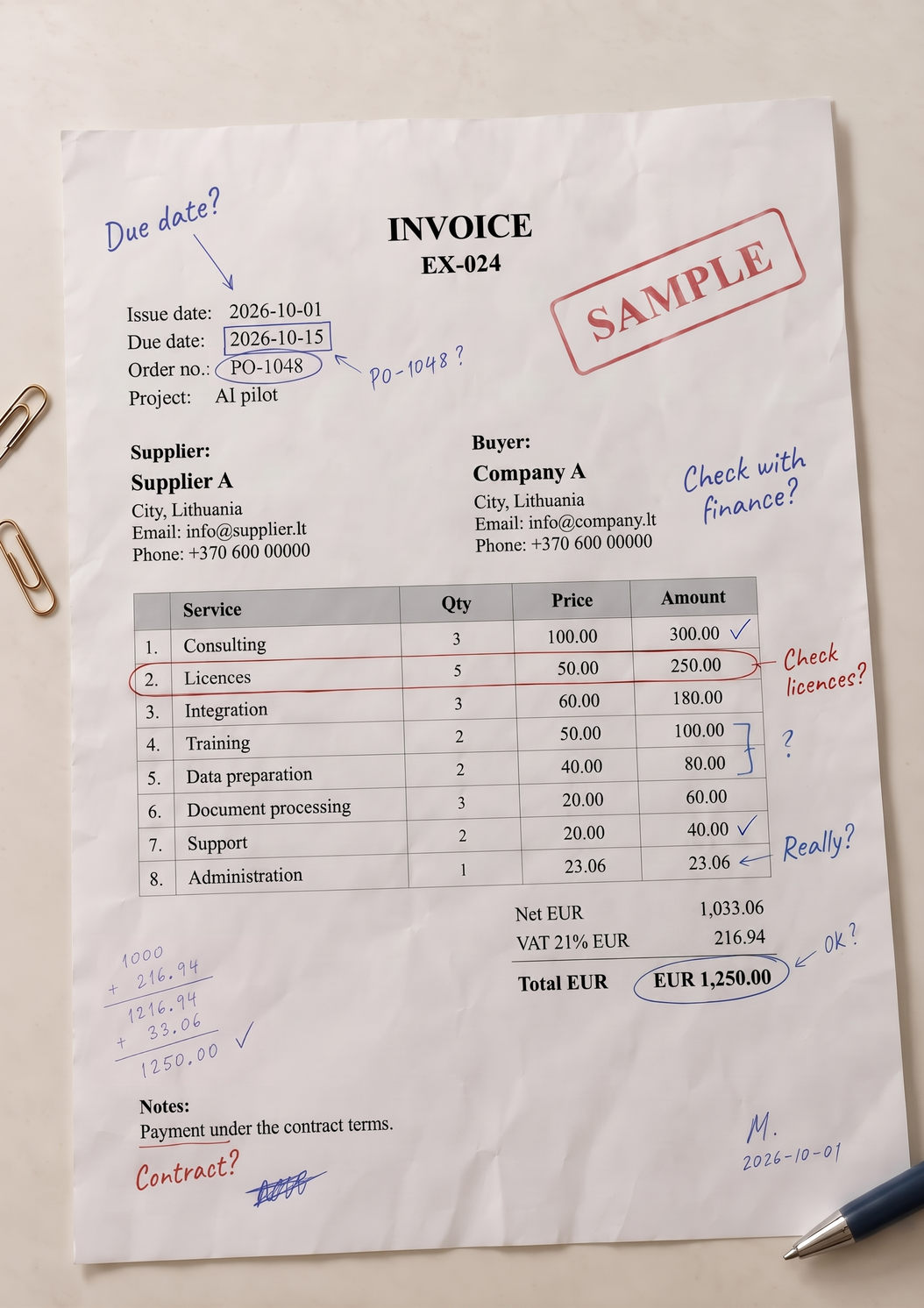 Sample invoice EX-024 with handwritten notes